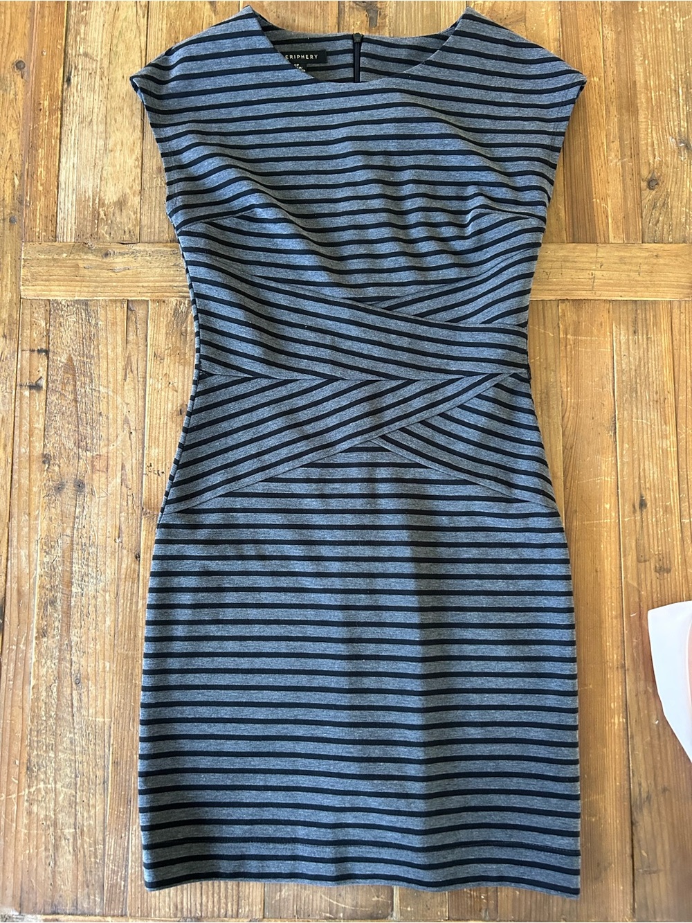 Cap-Sleeve Mini Sheath Dress in Gray and Black Stripes